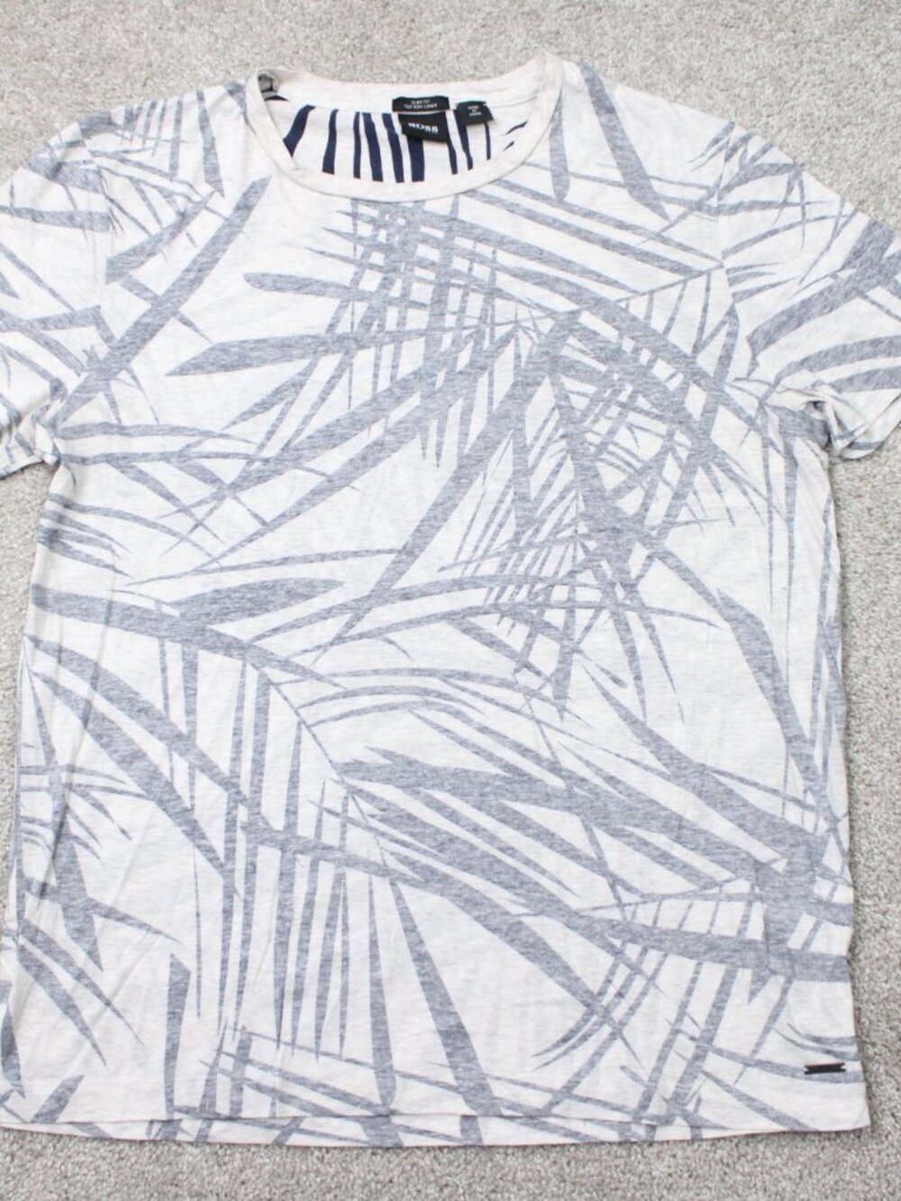 BOSS Hugo Boss Shirt‎ Mens Large White/Black Slim Fit Cotton- Linen Short Sleeve